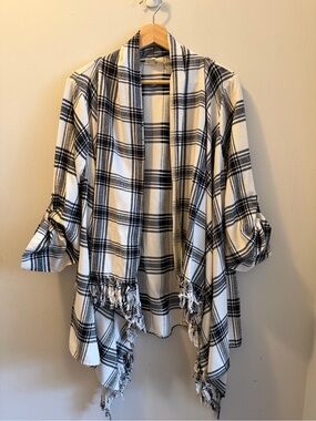 Kori Black and White Plaid Fringe Open Cardigan